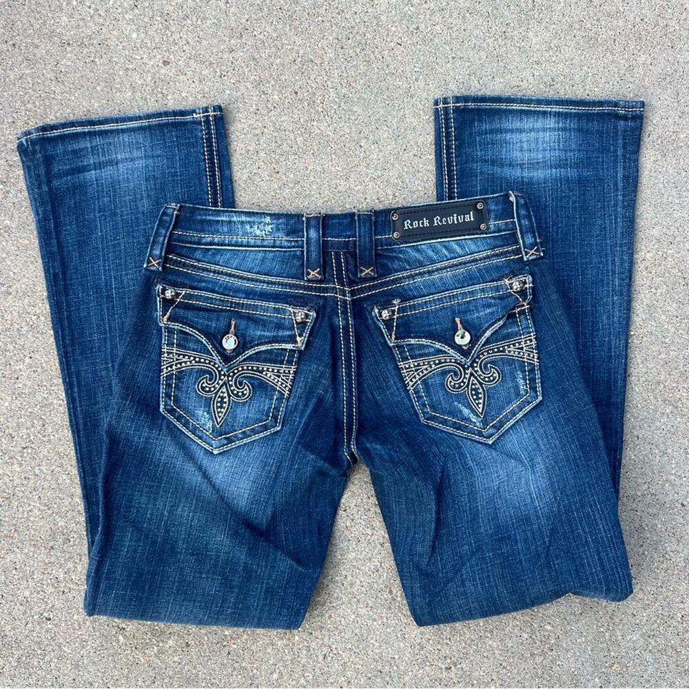 Rock Revival Sora Boot Cut Jeans bling embroidered flap pocket 28x32